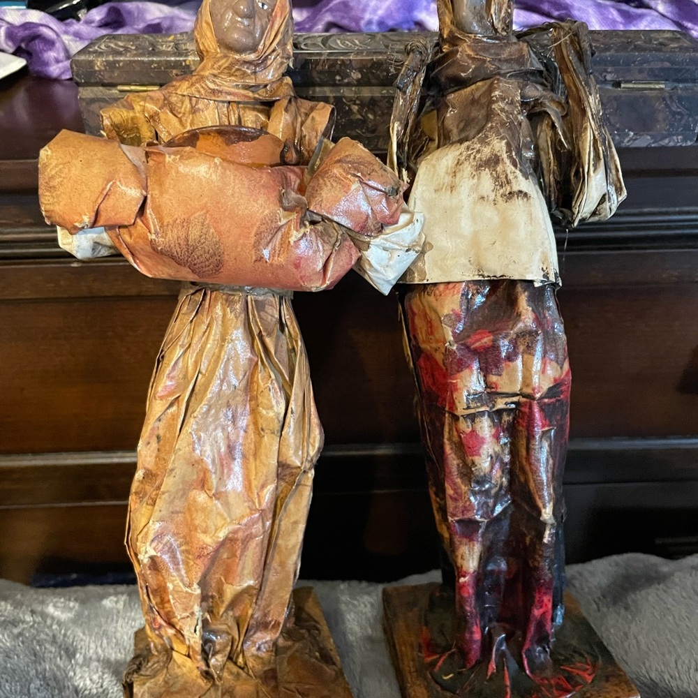 Old women from old country FOLK ART.  on wood pedal/ biblical characters